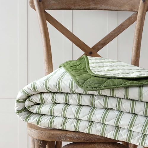 Image of Martha Stewart - King Quilt Set, 100% Soft & Breathable Bedding with a Lightweight Feel for Year Round Comfort, 3 Piece Bed Set with Matching Pillowcases (Ticking Stripe Green)