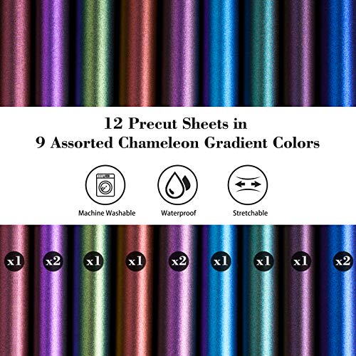 NiArt Heat Transfer Vinyl Iron-On 12PCS 9.8\"X12\" PU HTV Sheets 9 Chameleon Gradient Change Colors DIY Tool Set Fabric Textile T-Shirt Heat Press Art Craft Holiday Home Decoration Mask Garment Clothing