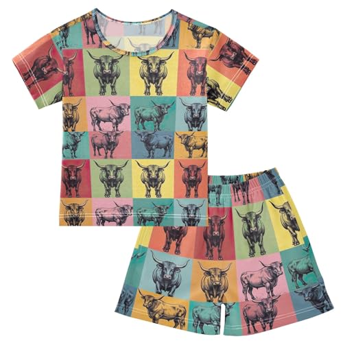 CHIFIGNO Art Cow Plaid Cozy Short SleeveJammies, Pj Sets with Pocket 5Y