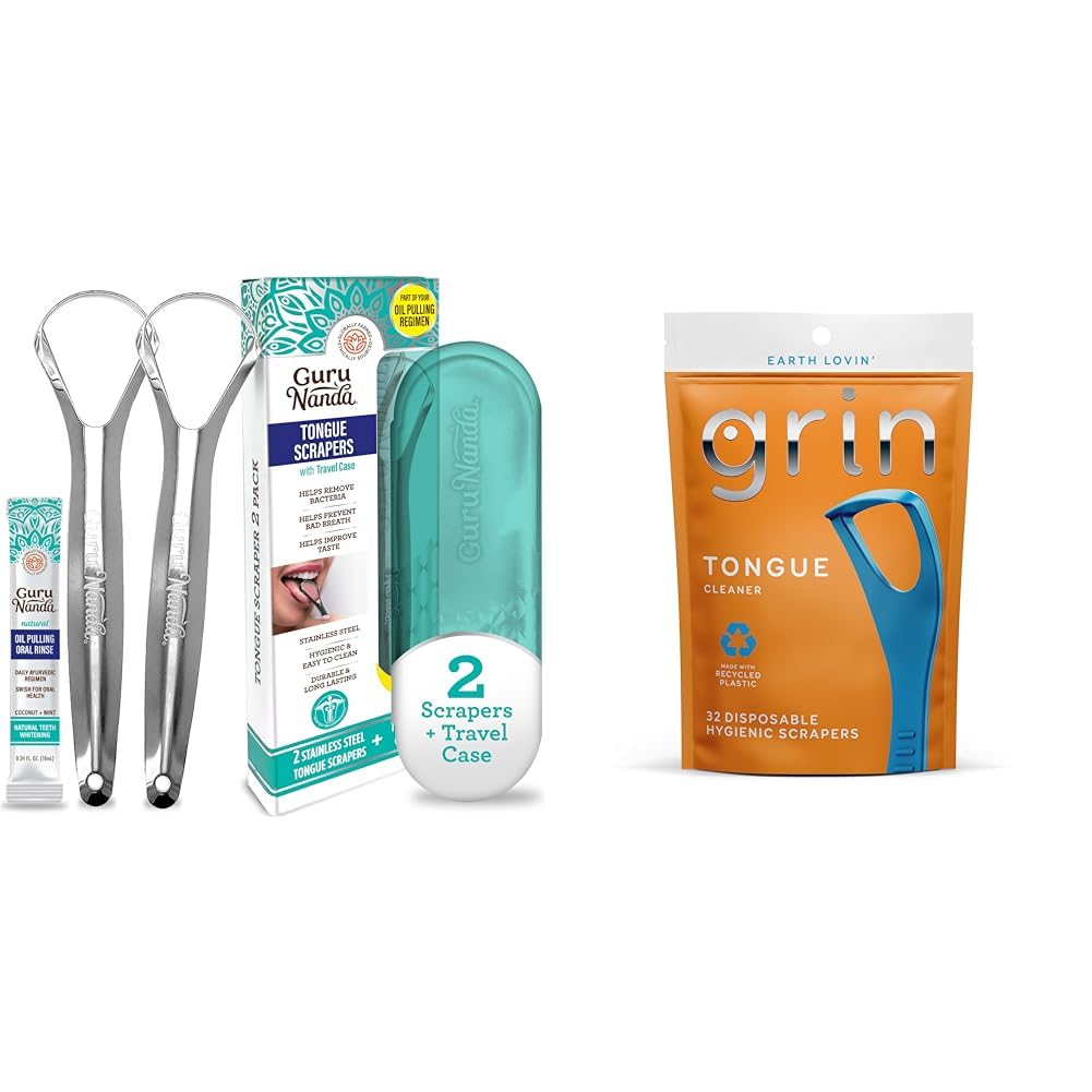 GuruNanda420 Stainless Steel Tongue Scraper (2 Pack) + GRIN 32 Count Disposable Tongue Cleaners Hygienic Scrapers