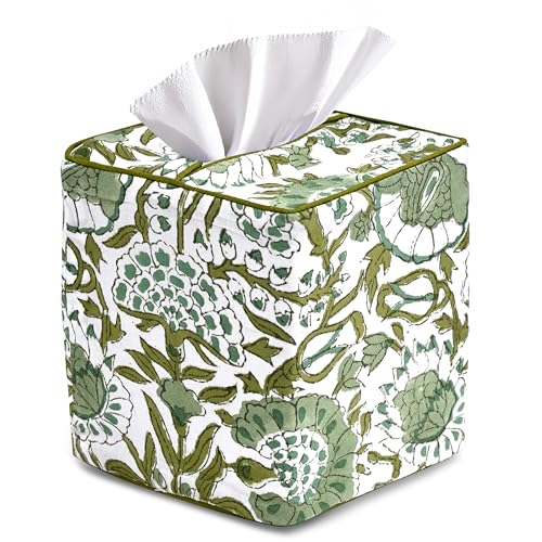 CPC Agate Green Hand Block Printed Cotton Tissue Box Cover 5 x 5 x 5.5 Square Soft Reusable Boho Napkin Holder for Home Kitchen Dining Bathroom Office Cafe Spa Gift for Spring Mothers Day
