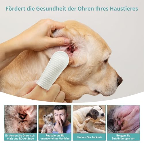 PETCLEAR Ohrpflege Finger-Pads für Hunde & Katze | Besonders weiche & milde Einweg-Reinigungspads | Hunde Ohrenreiniger Ohrenpflege gegen Ohrenentzündung Ohrmilben u. Hygiene bei Hund Katze | 50 Stück