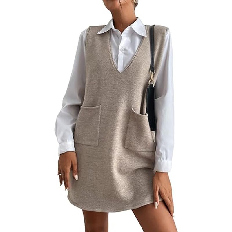 Ärmellose Damen-Pullover-Weste mit V-Ausschnitt, übergroßer Strickpullover, geripptes Kleid mit Taschen
