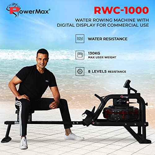 Image of PowerMax Fitness RWC-1000 Water Rowing Machine with Digital Display for Commercial use,8 levels of water resistance,Maximum User Weigh is 135KG of rower