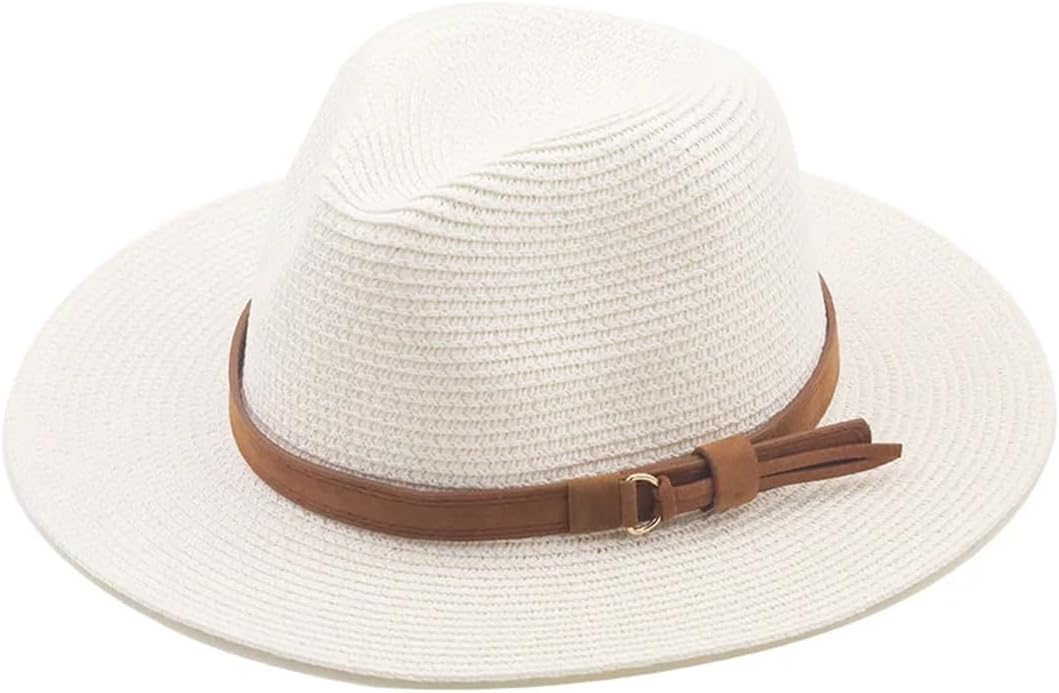 Jazz Straw Hat Women Party Bowler Cap Outdoor Men Beach Sunshade Big Brim Fedora Hats with Brown Belt