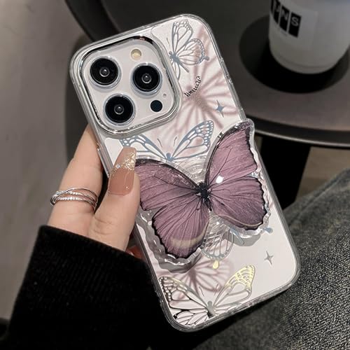 Image of Butterfly Phone Case for iPhone 15 Pro, Cute Korea Silver Mirror 3D Butterfly Phone Cover with Butterfly Holdstand for Women Girls