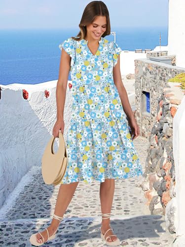 Image of ANRABESS Womens Summer Ruffle Sleeve V Neck Floral Print Midi Dress 2026 Fashion Casual Fit Flowy Tiered Boho Beach Vacation Sundress Blue Yellow Floral-XL