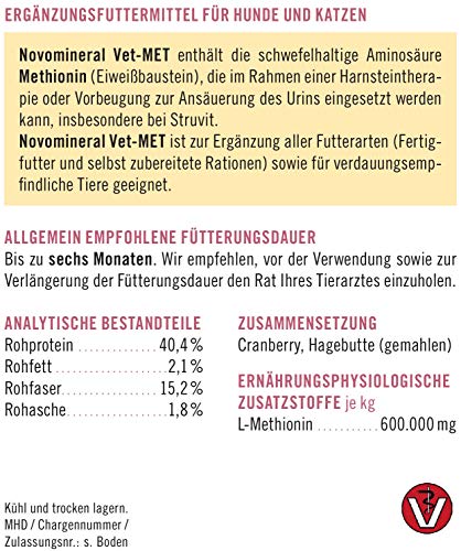 napfcheck Novomineral Vet-MET - Methionin mit Cranberry und Hagebutte zur Ansäuerung des Urins für Hunde und Katzen - 200 g