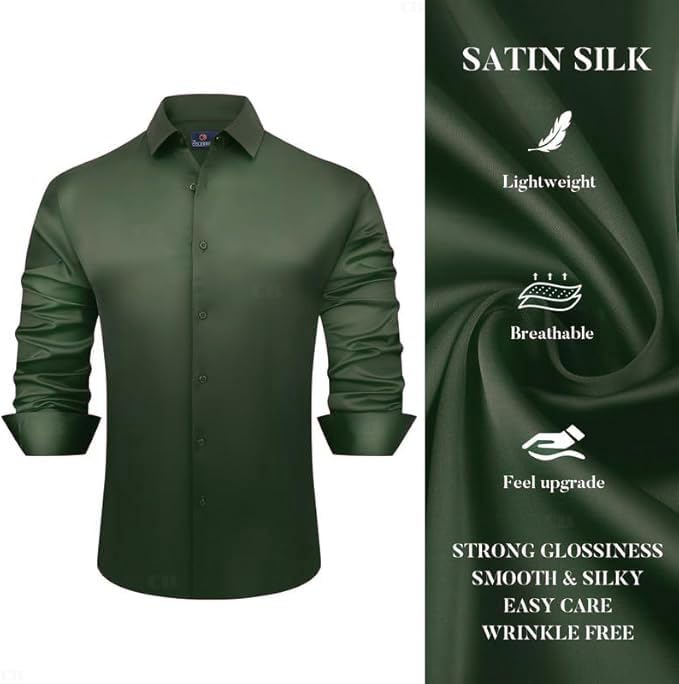 Image of CB-COLEBROOK Mens Stylish Solid Silk Satin Casual Dress Shirts for Men Shiny Long Sleeve Button Down Shirt Party Prom Wedding Shirt for Mens