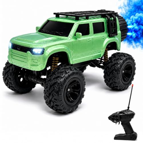 Image of Big Green Remote Control Car Toy | Defender | Smoke and LED Light | Monster Truck Remote Control 4x4 | Rechargeable Car | 2.4G Remote Control | High Speed | 100m Range | Birthday Gift for Kids