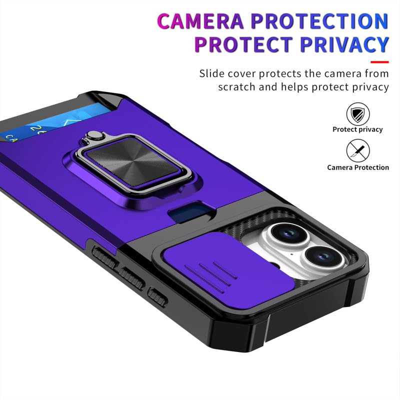 Image of LuxuryKase Shockproof Armor Case for iPhone 17 | Slide Camera Cover | Hidden Card Slot | Rotating Ring Kickstand | Magnetic Car Mount Support | Military Grade Protection - Purple