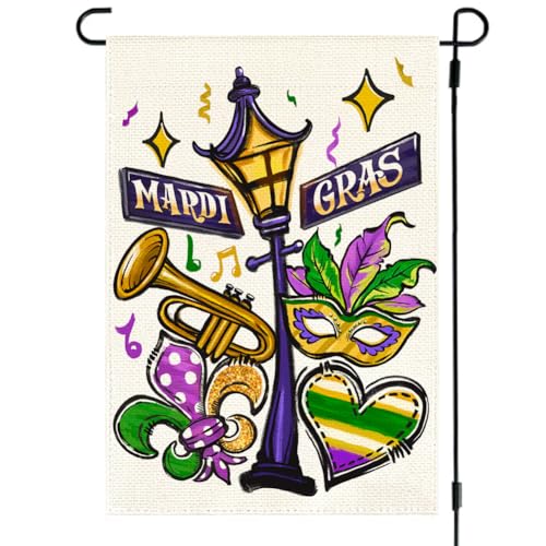 ARGOOFG Mardi Gras Garden Flag 12x18 Inch Double Sided Outdoor Decoration Street Lamp Fleur De Lis Mask New Orleans Carnival Party Supplies Purple Green Gold Festival Accessories