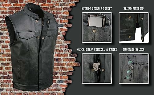 ELM3910 Men's Black Motorcycle Leather Riders Club Style Vest w/Dual Closure2