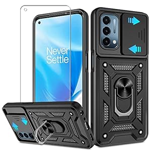 for OnePlus Nord N200 5G Case with HD Screen Protector with Slide Camera Cover, Atump 360° Rotation Ring Kickstand [Military Grade] Shockproof Protective Case for OnePlus Nord N200 5G,Black