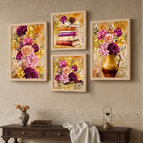 Image of NoWorries Wall Art Framed Paintings Set of 4 | Floral Bouquet, Books and Vase Prints with frames | Vintage Rustic Farmhouse Decor for Living Room, Bedroom, Office | Modern Art Wall Decorations
