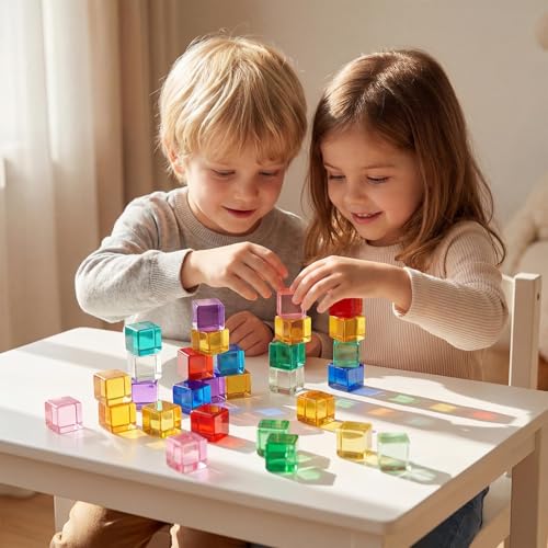 Image of Meooeck 30 Pcs Colored Cube Gem Blocks with Wooden Storage Box, Translucent Rainbow Acrylic Building Stacking Sensory Train Prism Toys for Toddler Kids Montessori School Classroom Supplies