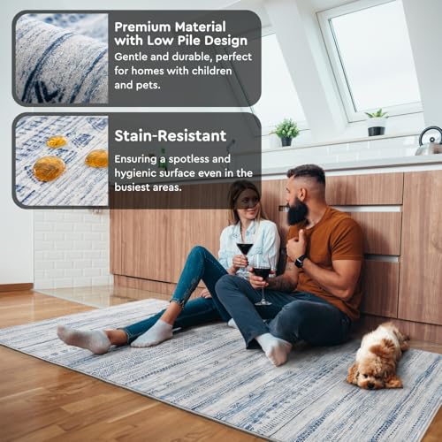Small Area Rug-2x3 Entryway Rug Non Slip Washable Low Pile Indoor Door Mat Neutral Distressed Boho Moroccan Entrance Rugs Carpet for Bedroom Kitchen Powder Room Front Porch Bathroom, Blue