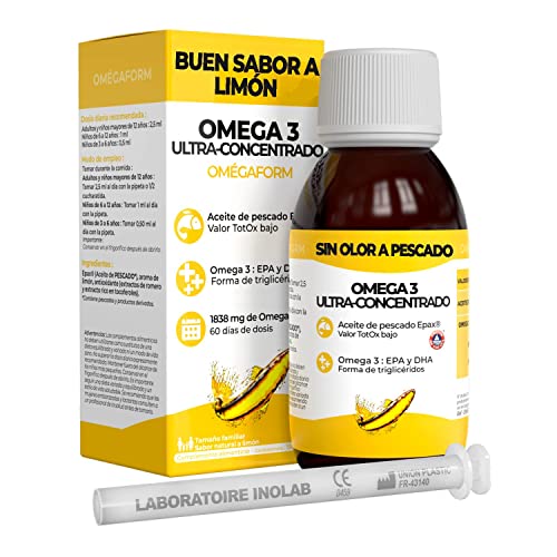 Omega 3-2297mg -DHA ultra concentrado -Económico 2/10 meses - Niños, Adultos sin cápsulas de bovino - Aceite de pescado de calidad Epax® - Agradable sabor natural a limón