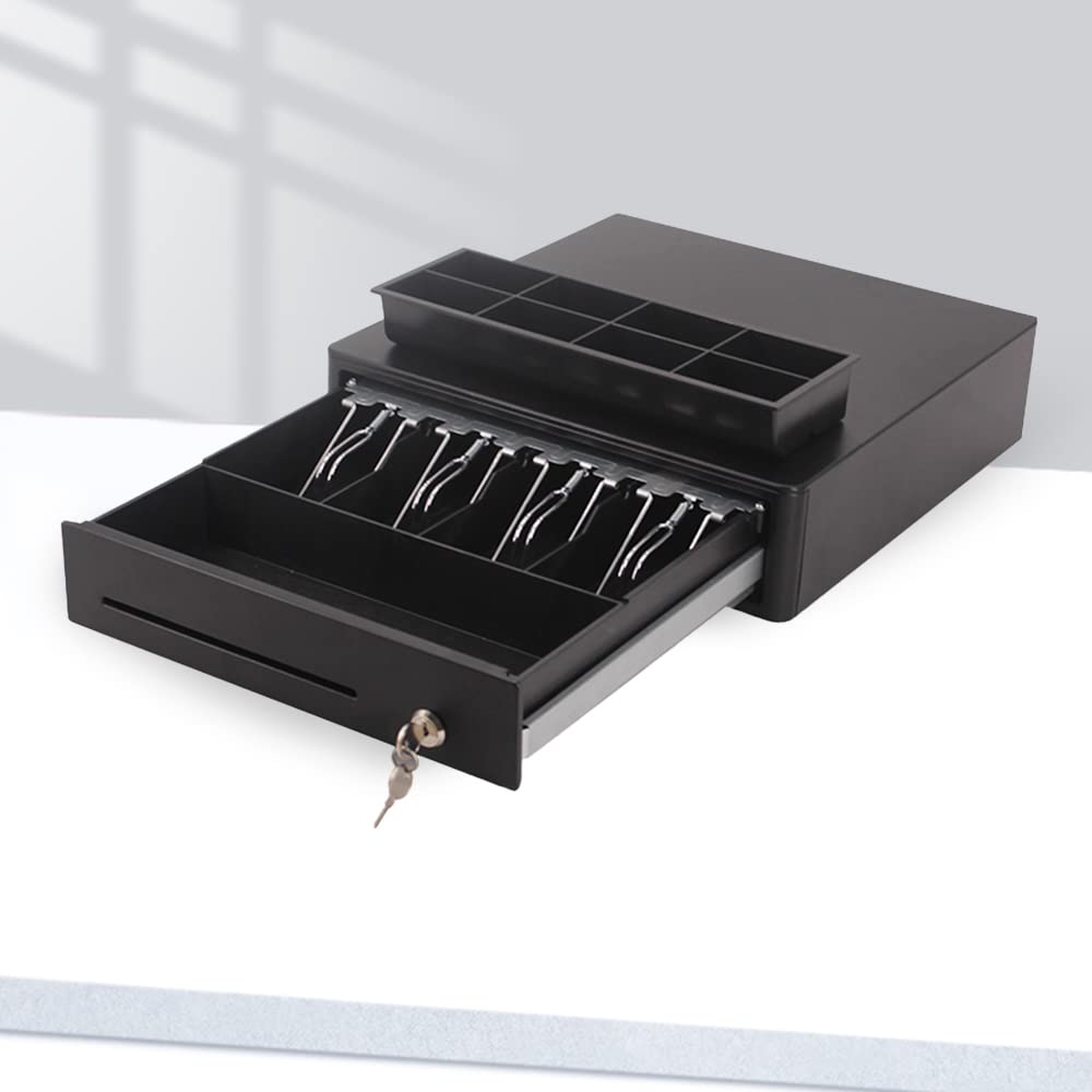Cassetto porta denaro per registratore di cassa e stampante fiscale RT 4 banconote, 8 monete - struttura in acciaio, angoli smussati, con chiave ed apertura elettronica, nuovo design (Mod.350 - NERO)