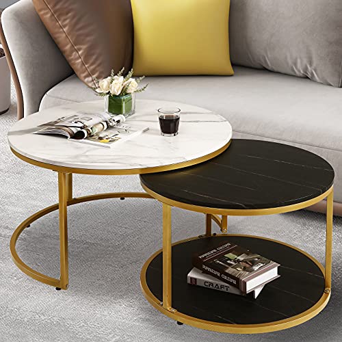 Image of NSdirect Nesting Coffee Table Set of 2,Round Coffee Tables Modern Circle Table for Living Room Accent End Side Table with Storage Open Shelf Wooden Top & Gold Sturdy Metal Frame(White&Black)