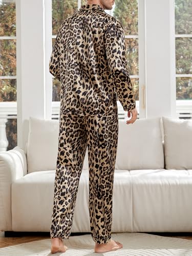 WDIRARA Men's Satin Leopard Lapel Neck Button Down Long Sleeve Top and Pants 2 Piece Pajama Set2