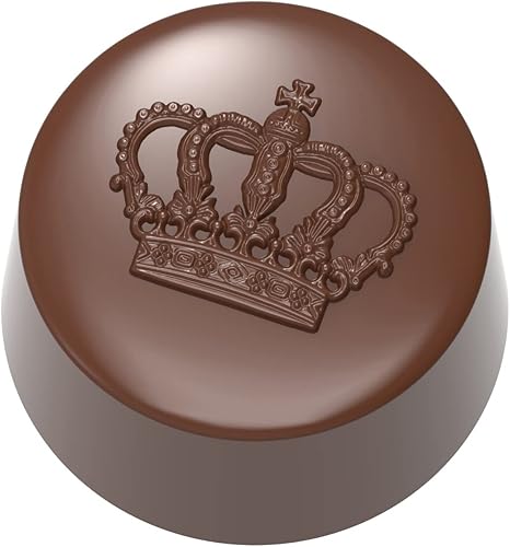 Chocolate World Molde de policarbonato transparente 1884 con 21 cavidades redondas con corona, 1.201in de diámetro x 0.638in de alto