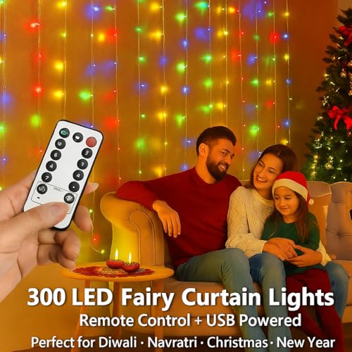 Image of MIRADH 300 LED Fairy Curtain String Lights 9.8Ft x 9.8Ft - USB Powered Remote-Controlled Backdrop, Warm Ambience for Diwali, Navratri, Christmas & New Year Decor,(Multi)