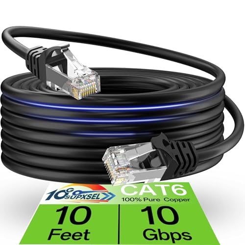 Image of Cat 6 Ethernet Cable 10FT Outdoor&Indoor, Cat6 Ethernet Patch Cable 10Gbps, High-Speed UTP Cat6 Network Cable Pure Copper, Cat 6 Cable for Home and Office Network, Black