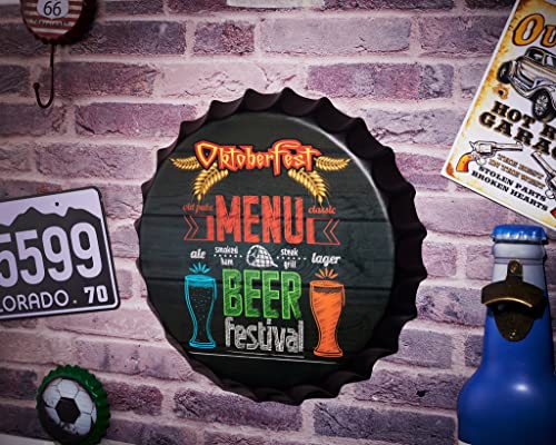 Image of EAZYWAGON Decorative Metal Bottle Caps Wall Sign Plates - 14X14 Inches - Beer-Festival | Metal Wall Hanging Bottle Cap for Home, Farmhouse, Bar & Cafe Decoration | Vintage & Retro Look Plaques