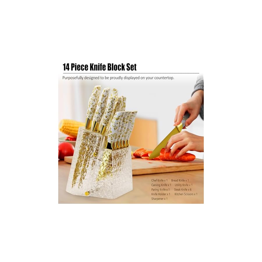 Knife-Block-Set-Gold-Sharp-Knives-with-Acrylic-Block-Stainless-Steel-Kitchen-Knife-Set-with-Serrated-Steak-Knife-Chef-Knife-Bread-Knife-Scissors-Sharpener-14Pcs-Professional-Knife-Set-for-gift Knife Block Set, Gold Sharp Knives with Acrylic Block, Stainless Steel Kitchen Knife Set with Serrated Steak Knife, Chef Knife, Bread Knife, Scissors, Sharpener, 14Pcs Professional Knife Set for gift