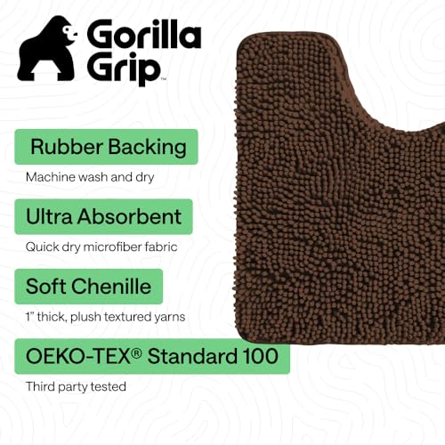 Image of Gorilla Grip Original Shaggy Chenille Oval U-Shape Contoured Mat for Base of Toilet, 22.5x19.5 Size, Machine Wash and Dry, Soft Plush Absorbent Contour Carpet Mats for Bathroom Toilets, Brown