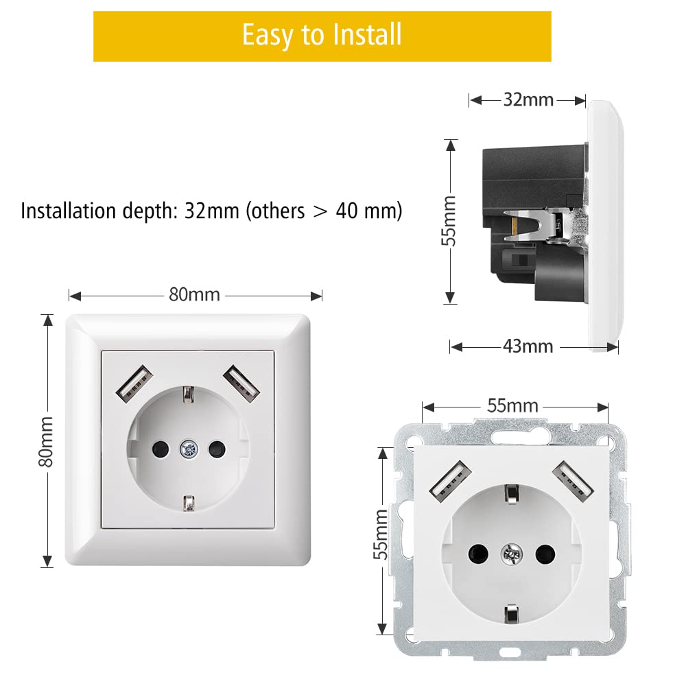 Lot de 2 prises avec port USB (maximum 3,4 A) encastrées Schuko USB - Blanc - Système 55 - Blanc pur brillant - Prise murale avec contact de protection - Prise encastrée standard pour smartphone MP3