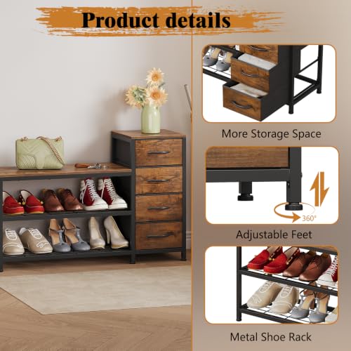 Image of EXOTICA Industrial Shoe Storage Bench with 4 Drawers & Seat, Rustic Brown