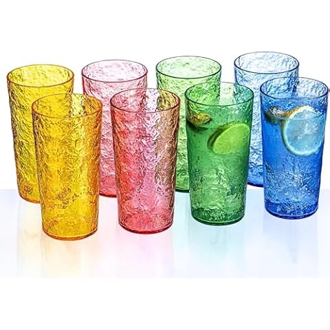 MIYOPESI 18oz Colorful Acrylic Glasses Drinkware (Set of 8), Ice-carving Stackable Shatter-Proof Plastic Cups, Reusable Plastic Drinking Tumblers, BPA-Free, Dishwasher-Safe Cover