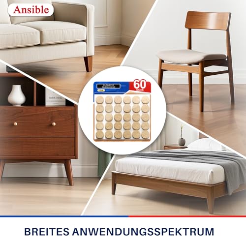 Ansible 60 Stück Filzgleiter Selbstklebend Ø25 mm Rund Beige – Möbelgleiter Filz für Stühle & Möbel – Stuhlbeinschoner, Kratzschutz & Geräuschdämpfend