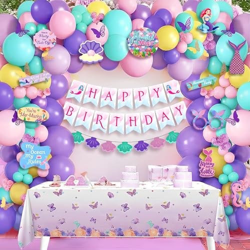 Image of Party Propz Mermaid Theme Birthday Decoration Kit for Girls - 60 Pcs, Happy Birthday Banner, 40 Balloons, Mermaid Shell Banner, Photo Props & Glue Sheet (Cardstock,Latex)