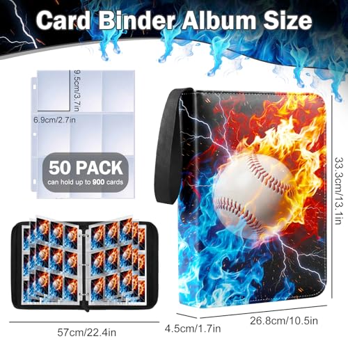 Image of Baseball Card Binder 9 Pockets Sports Card Binder Holds 900 Cards with 50 Removable Double Sleeves, Portable PU Zipper Trading Card Album, Fits TCG Collectors Boys Girls Gift
