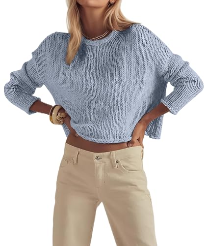 MISSACTIVER Women Fall Cropped Sweaters Casual Crew Neck Long Sleeve Lightweight Knit Pullovers Solid Loose Jumper Tops