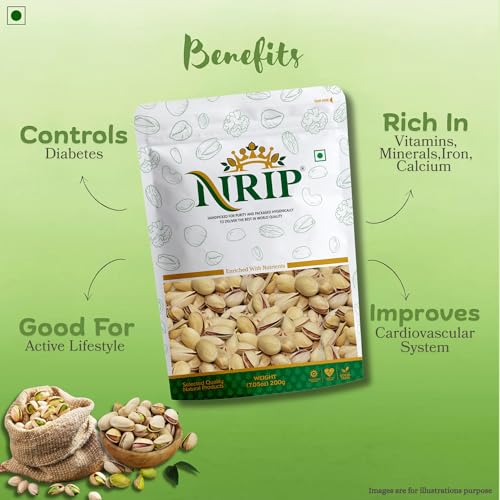 Image of NRIP Premium California Roasted & Salted Pistachios 200g | Healthy Snacks, Dry Fruits, Pista | Tasty & Healthy | High in Protein & Dietary Fiber | Low Calorie Nuts