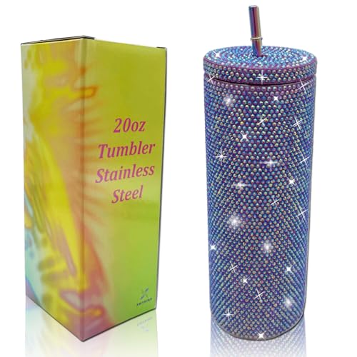 XMYAINA 20oz Bling Diamond Tumbler with Lid and Straw Studded Skinny Tumbler Stainless Steel Vacuum Insulated Water Bottle Double Wall Iced Coffee Mug Reusable Glitter Cups (Purple AB)