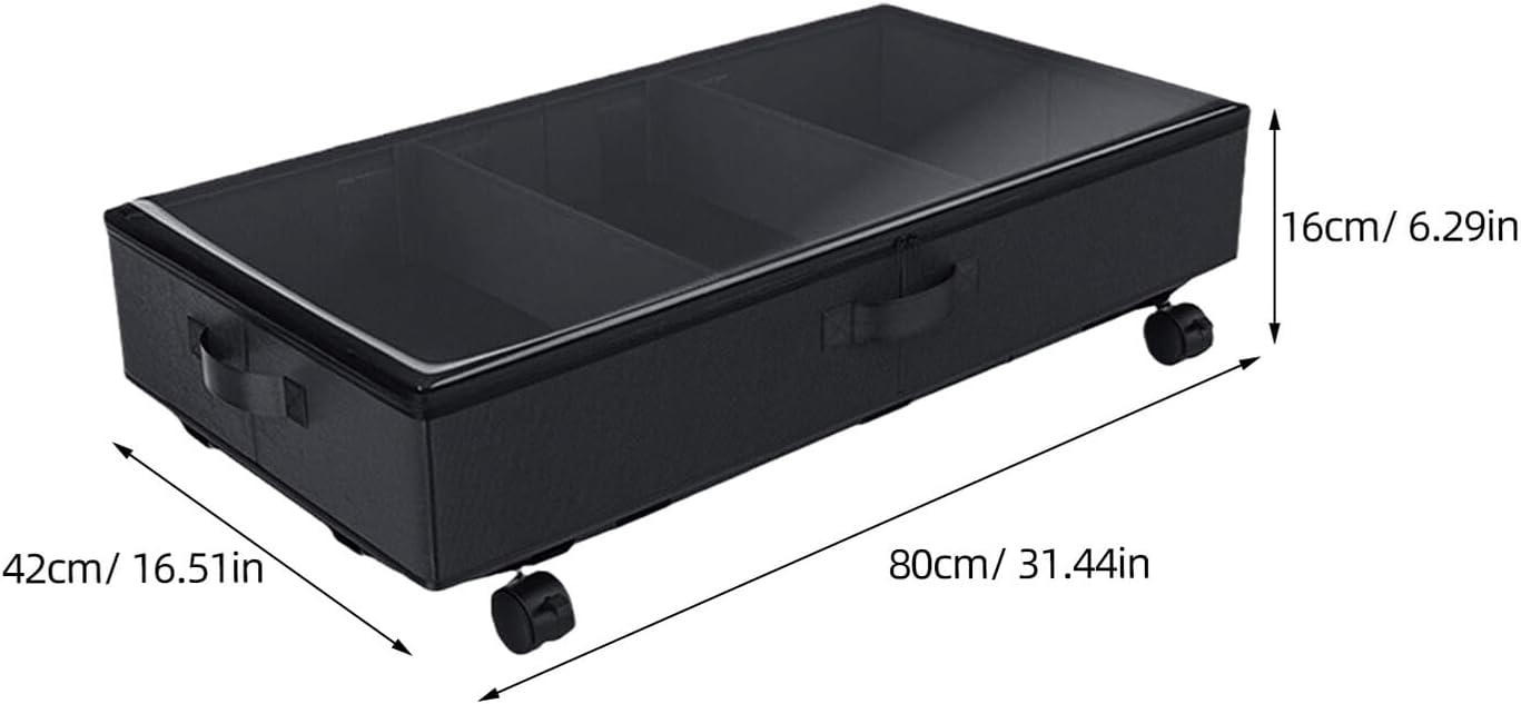 Toyvian -bed Storage Bin with Wheels, 3-grid Oxford Fabric Clothes Organizer Box, Large Capacity Dustproof Storage Container for Bedding, Black