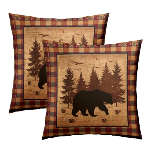 Imiss Bear Throw Pillow Covers 18×18 Inch Set of 2 Forest Cabin Nature Wildlife Square Pillowcase Buffalo Plaid Decorative Cushion Cover for Outdoor Sofa Bedroom Car