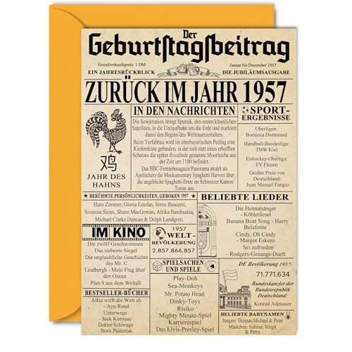 Stuff4 69. Tarjetas de cumpleaños para hombres y mujeres - Volver al año 1957 Periódico - 68 Feliz Cumpleaños Aniversario de Boda Tarjeta Vintage Nacido 1957 127 mm x 178 mm Tarjetas de Felicitación