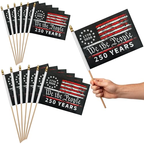 KERDA 12 Pack 250th Anniversary USA Flag Small 250 Birthday Anniversary Flags on Stick We The People 250 Years of Freedom 1776-2026 Patriotic Handheld Flags 5x8 Inch