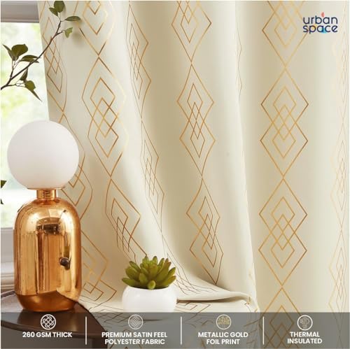Image of Urban Space 80-85% True Blackout Curtains for Window, Gold Foil Printed Blackout Curtain, Decorative Window Curtain Eyelet with Tieback, 1 Piece Curtain for Living Room(Diamond Beige, 5 Feet)