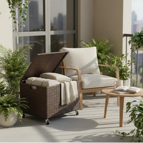BIRDROCK HOME Rattan Rolling Storage Box with Lid and Wheels – Decorative Outdoor Deck Box for Patio, Balcony, Poolside – Woven File Organizer for Letter or Legal Files, Blankets or Towels (Espresso) by BIRDROCK HOME - Used condition - Image 2