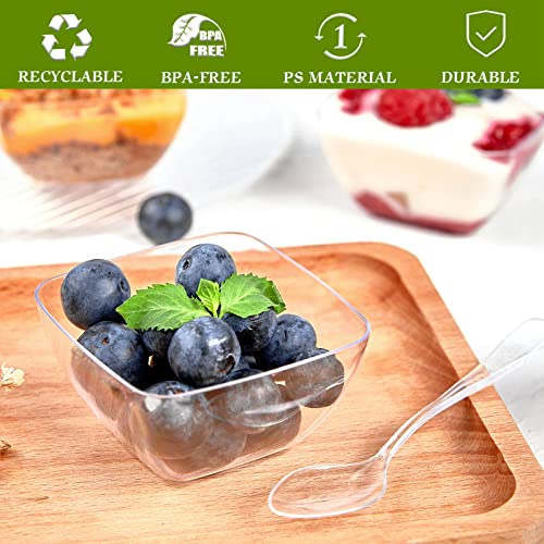 Toflen 100Ct 2 Oz Mini Plastic Dessert Cups With Spoons Clear Plastic Square Reusable Serving Bowls For Mousse, Puddings, Appetizers, Samples, Parfait, Fruit… #TOP2
