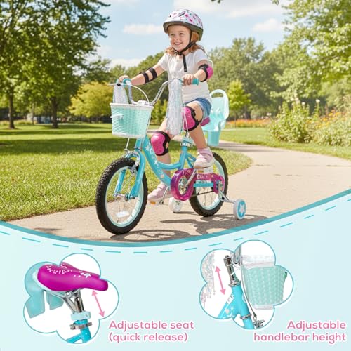 Image of WEIZE Kids Bike, 14 16 Inch Children Bicycle for Girls Ages 4-12 Years Old, Front Basket, Bell, Streamer, Doll Seat, Adjustable Seat & Handlebars, Coaster Brake, Multiple Color