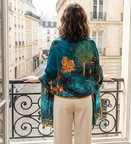 Image of Alexvyan Satin Silk Summer Scarves 180 x 84 cm, Blue Golden Dear Theme with Stitched Border, Lightweight Fashion Scarf for Women Sun Protection Stole