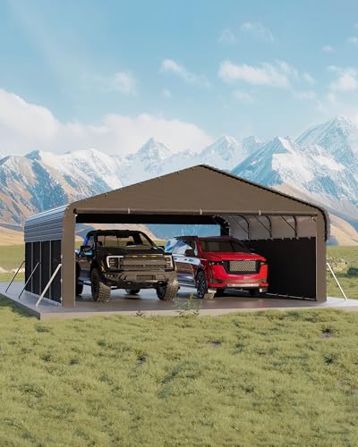 Image of Garvee 20'X20'X10' Metal Carport for 2 Cars, Enclosed Car Ports with Heavy Duty Steel Frame and 220 g Tarp, All-Weather Carport for Full-Size Pickup Trucks, Bass Boats, and Tractors